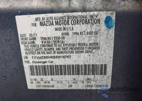 2011 Mazda Mazda6 I Sport z USA, uszkodzony, nr VIN 1YVHZ8BH8B5M18767